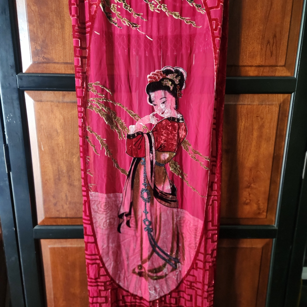 Red Asian-Inspired Tapestry with Elegant Figure Or Scarf!